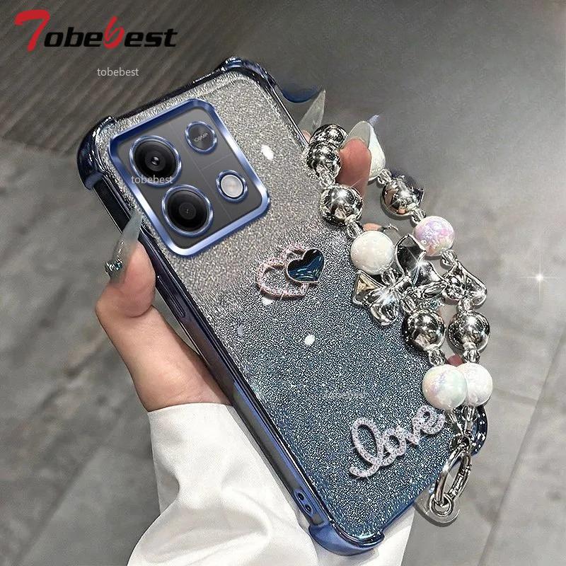 3D Love Shockproof Glitter Plating Bead Bracelet Case for Xiaomi POCO X6 X5 X3 NFC M3 F5 F4 F3 Pro Silicone Cover