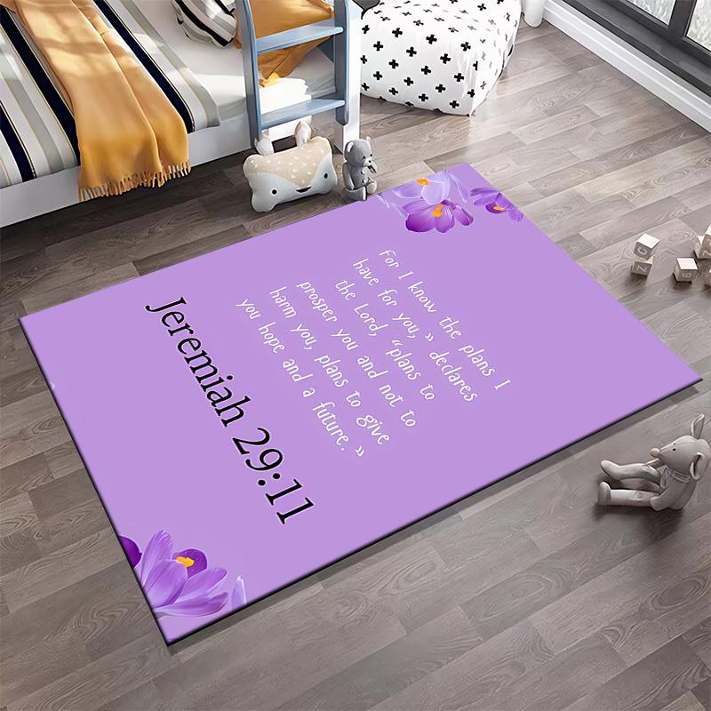 Purple Floral Jeremiah 29:11 Non-slip Rug suitable for living room and bedroom sofas.