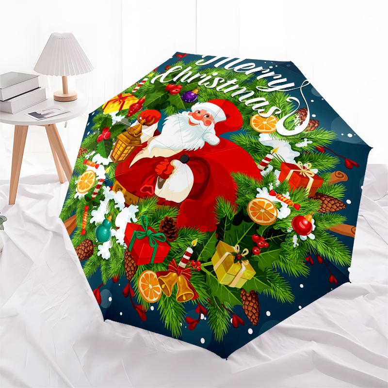 Merry Christmas Santa Claus Gift Circle StickerUmbrella, Portable 3-Fold Compact Umbrella,Christmas Gift ES418