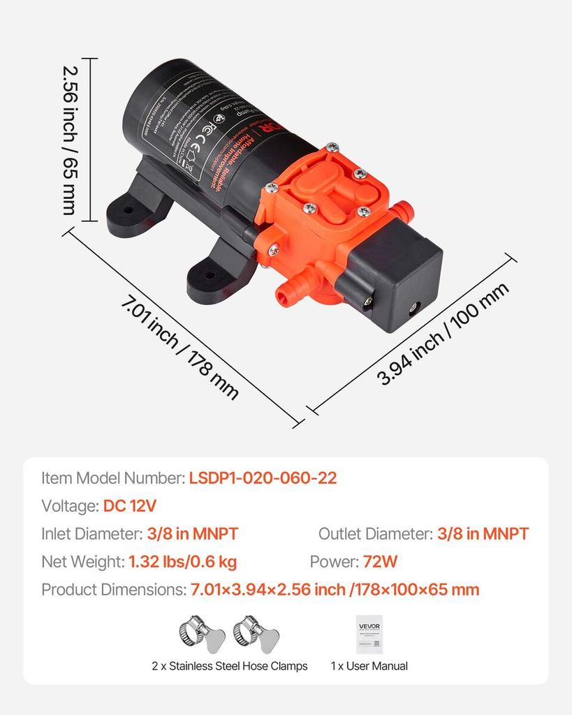Water Pressure Pump, 12V DC 1.2 GPM (4.5 L/min), 2-Chamber Self-Priming Diaphragm Water Pump with 2 Hose Clamps, 80 PSI Max Pressure, Quiet Operation,