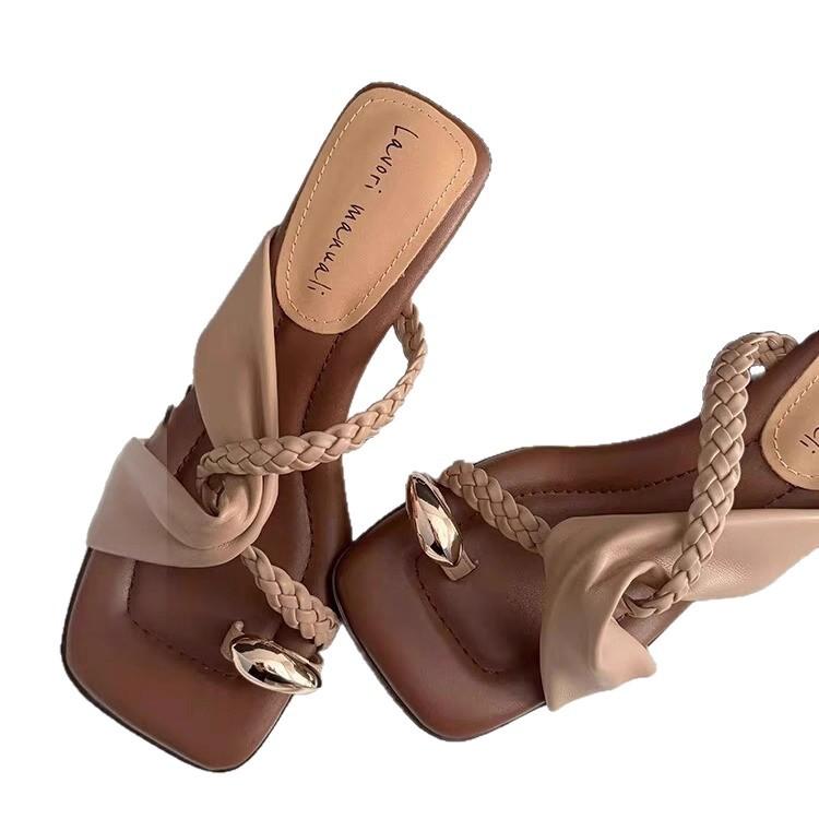 Slope heel soft-soled slippers women's summer new set of toe-woven one-word slips holiday beach sandals