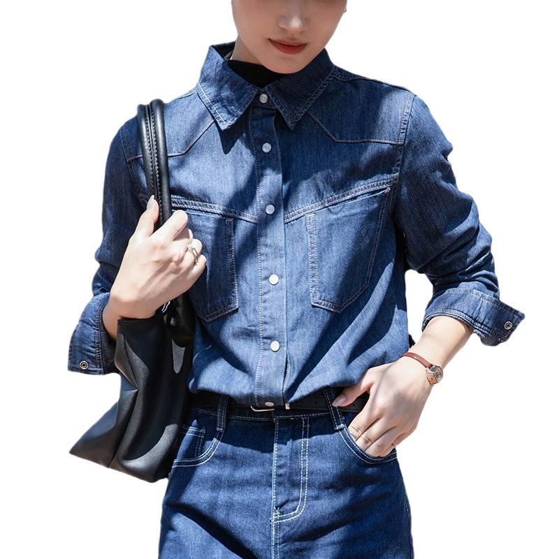 Women's French Retro Blue Denim Shirt - Stylish Layered Autumn/Winter Commuter Top