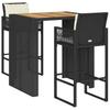 3 Piece Garden Bar Set with Cushions Black Poly Rattan & Acacia