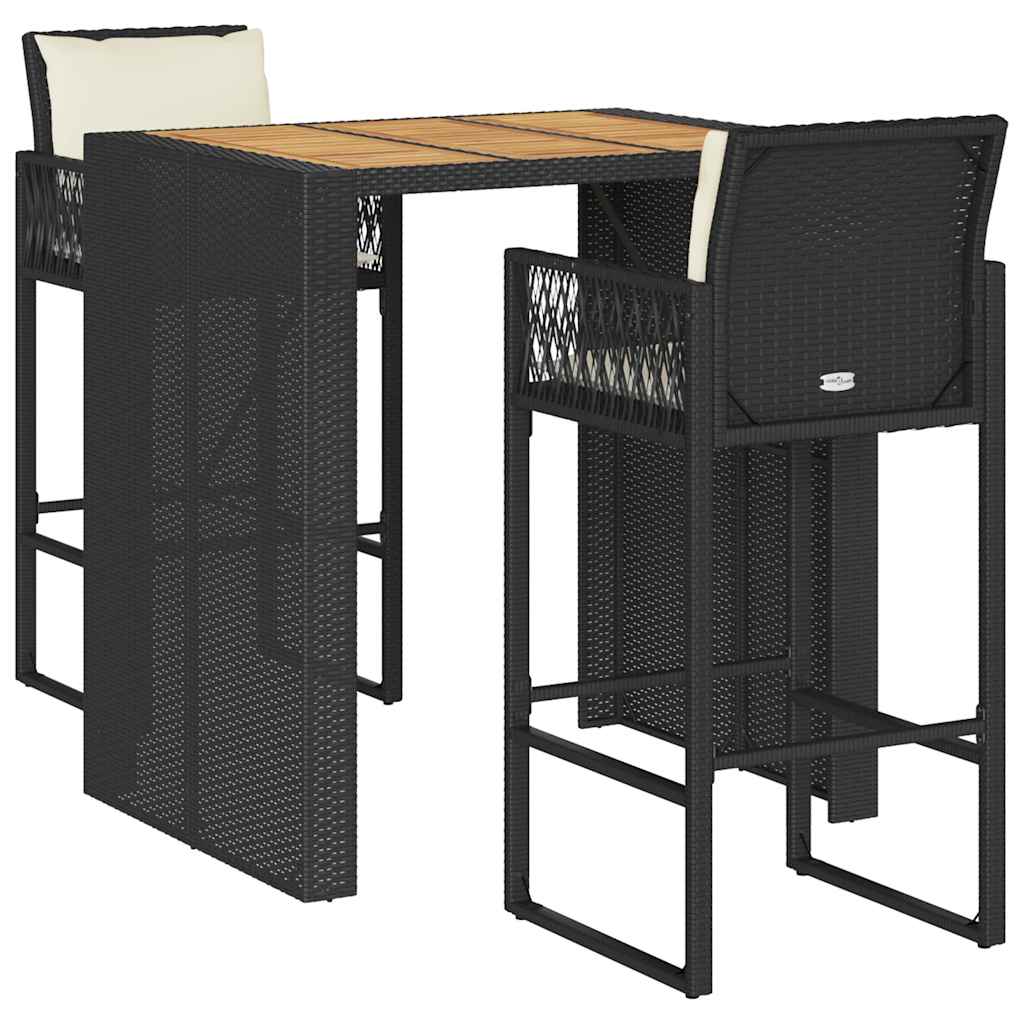 3 Piece Garden Bar Set with Cushions Black Poly Rattan & Acacia