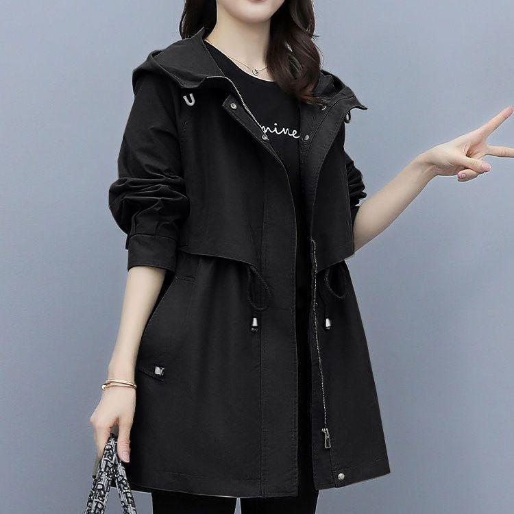Spring Autumn Women's Mid Length Trench Coat Hooded Zipper Jackets British Style Loose Coats Women's Clothing