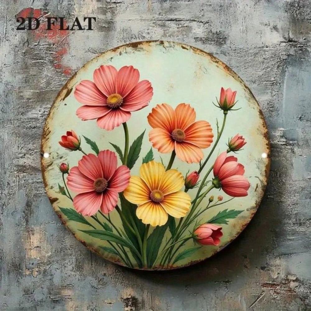 Vintage Round Metal Wall Art Sunflower and Morning Glory Pastel Tones Decor for Bedroom Living Room
