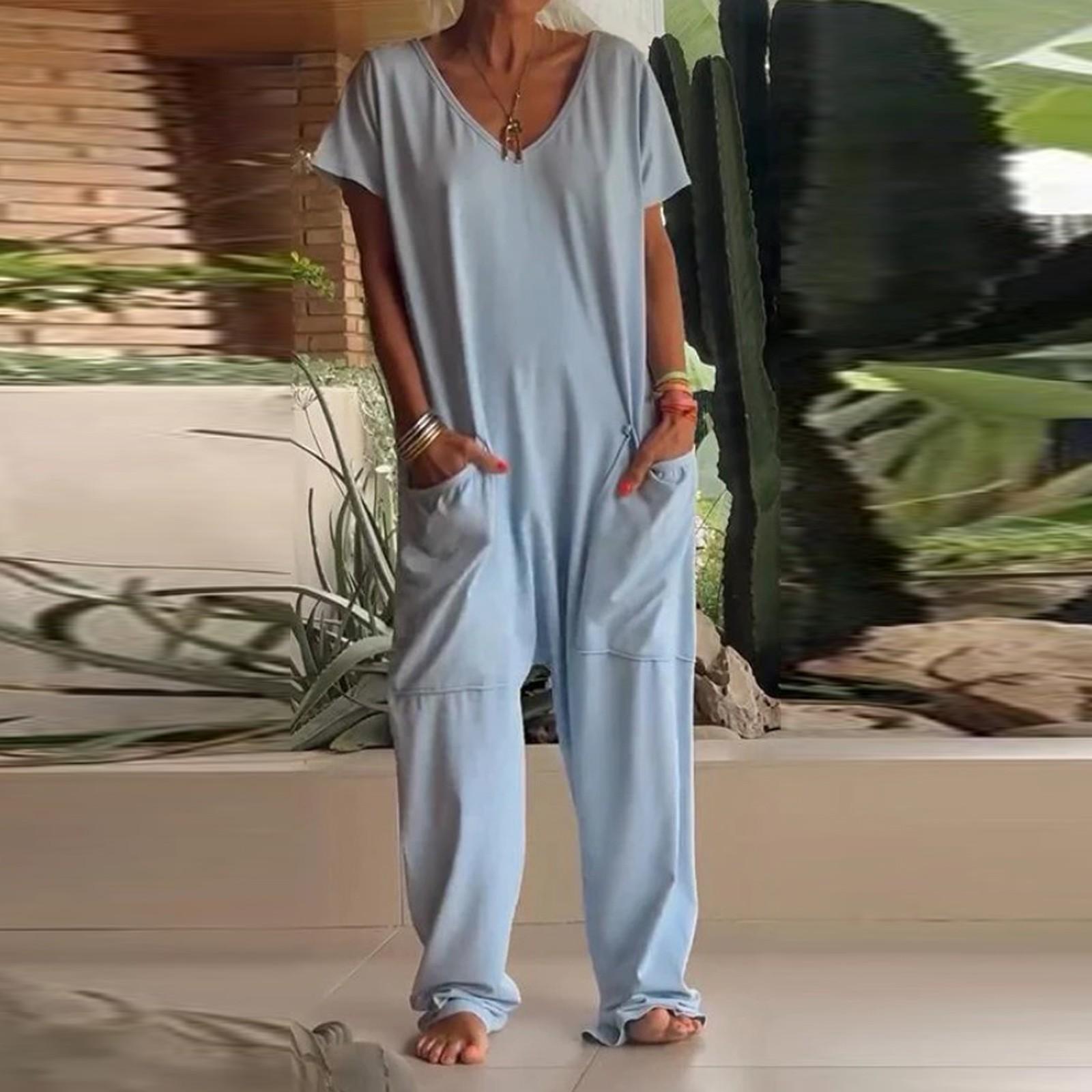 

Женский модный повседневный комбинезон с короткими рукавами, пуловер, комбинезон с карманами L синий