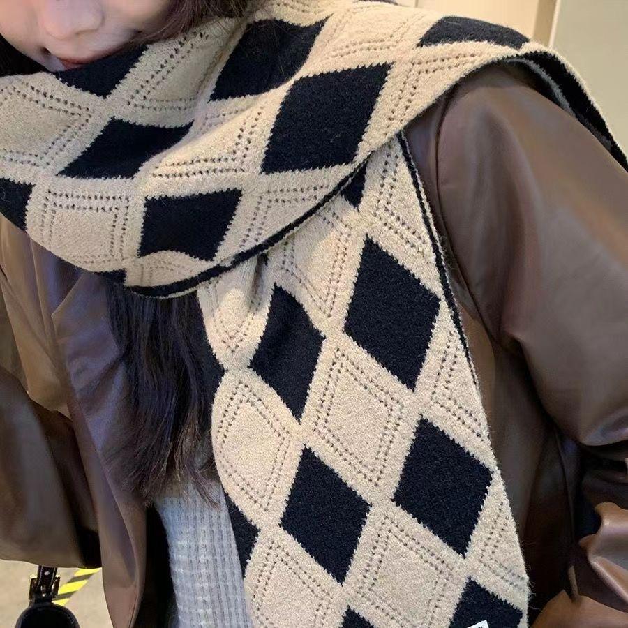 Winter Korean Style Versatile Warm Scarf Women's Knitted Thickened Diamond Plaid Retro Lazy Style Neck Warmer