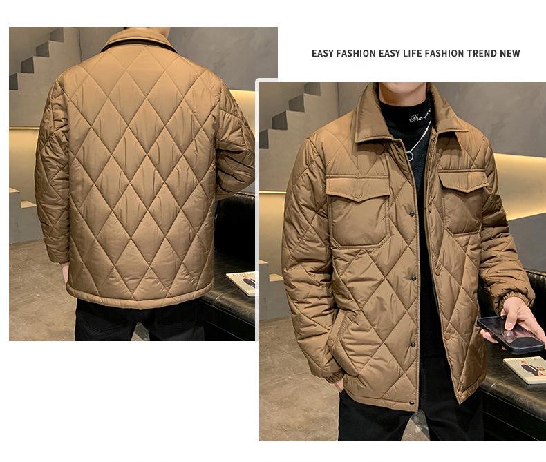 2024 Winter Men's Plus Size Quilted Jacket: Loose Fit, Solid Color, Two-Way Zipper, Warm Cotton