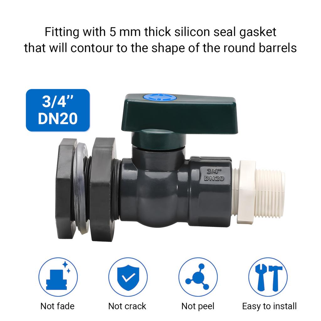 Regentonne Auslaufhahn Set Praktisches 3/4 Zoll GHT Kugelventil mit Schottverschraubungsadapter für Wassertanks und Pools
