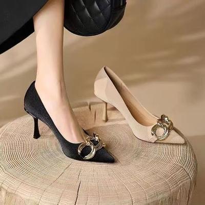 Pointed Design Sense Niche Temperament Nude French Stiletto Shoes Metal Chain High Heels 2025 New Spring and Autumn
