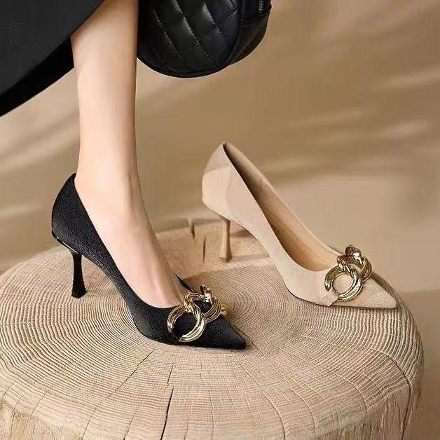 Chain Pointed French with Skirt Royal Sister Light and Mature Style with Single Shoes Nude High Heels Women's Thin Heels 2025 New Models