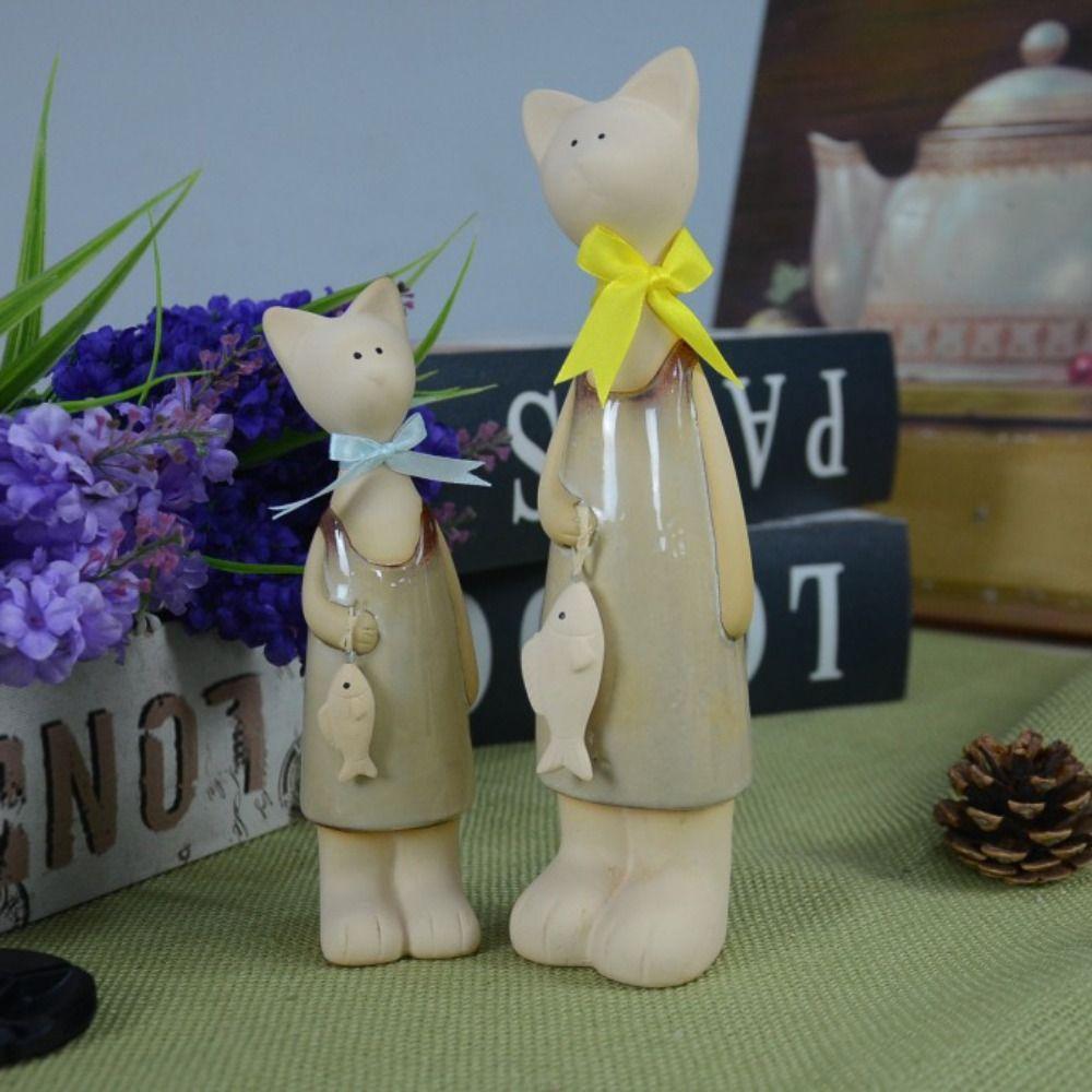 2pcs Ceramic Animal Art Statues Modern Miniatures Sculpture Creative Cat Figurines  Living Room