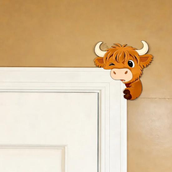 Cute Highland Cow Door Topper Small Wooden Door Frame Corner Sign Cartoon Cattle Computer Monitor Decor for Living Room Bedroom Office