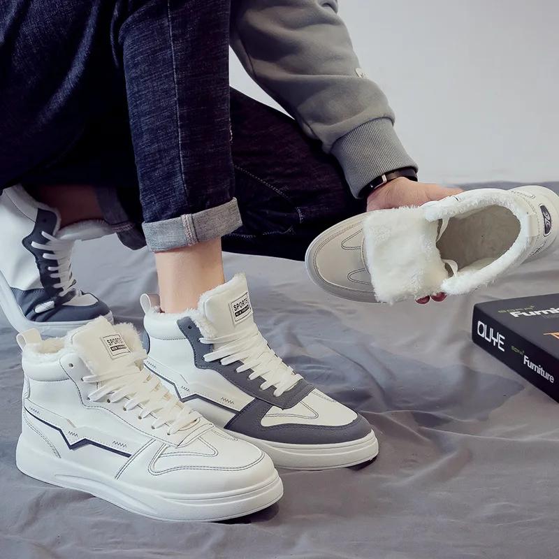 Mode Fell Herren Sneaker Plateau Schuhe Herren Lässige Plüsch Stiefeletten High Top Leder Fell Sneaker Herren Winter Schneestiefel Baumwollschuh
