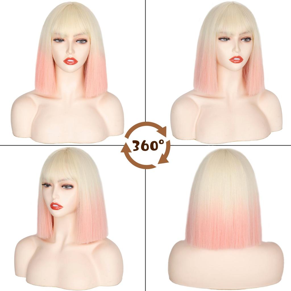 XINRAN Short Bob Wig with Bangs for Women Synthetic Bob Wigs Black Pink Ombre Wig for Party Daily Use Shoulder Length
