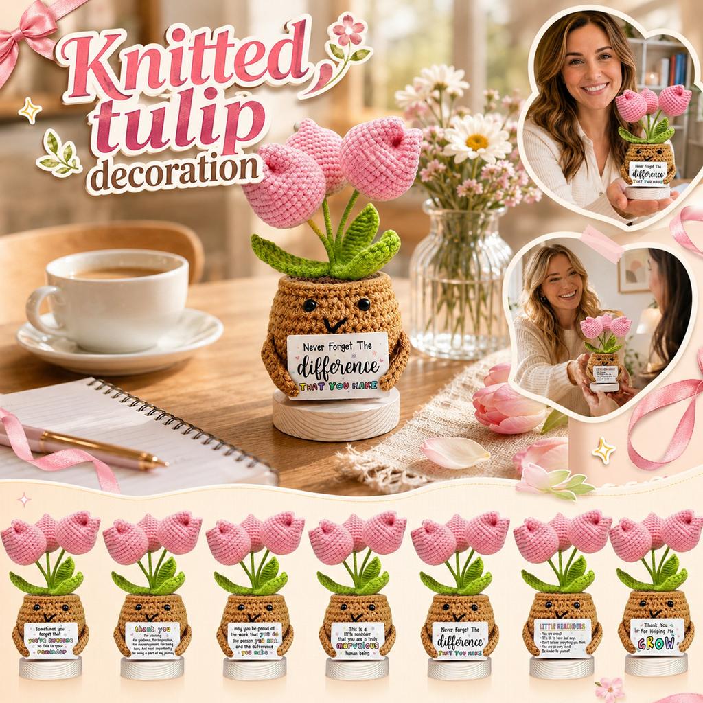 Handmade Knitted Tulip Flower Pot with Positive Message Card Crochet Decorative Plant Gift for Home Office Desk Display
