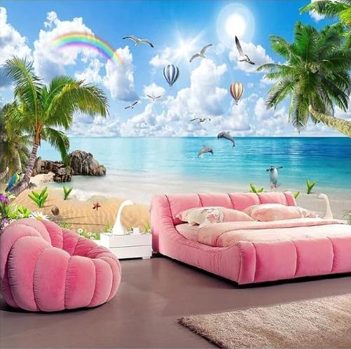 

Wall Mural Sea View Landscape Wallpaper Coconut Tree 3d Mural Living Room Bedroom Background Home Wallpaper 200 cm(W) x 140 cm(H)