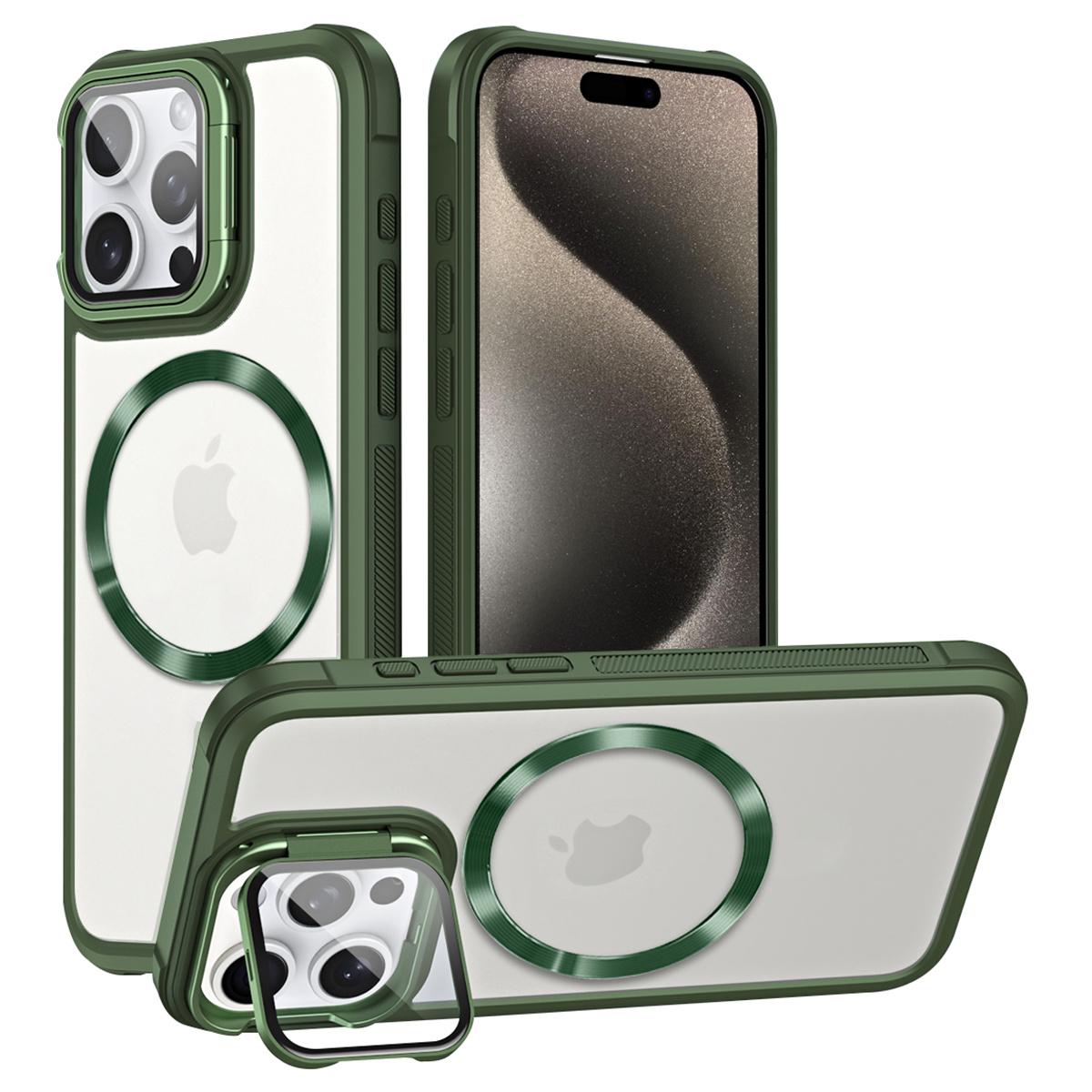 

For iPhone 15 Pro Case Lens Frame Kickstand Acrylic+TPU Anti-Drop Phone Cover Compatible with MagSafe E