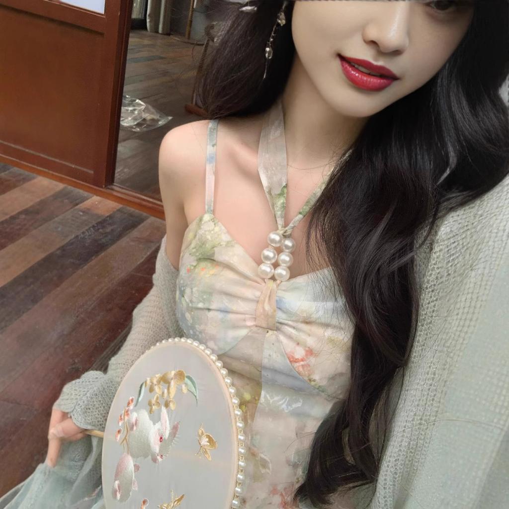 Summer high-end oil painting printing embroidery temperament neck dress fairy seaside vacation wind suspender long skirt