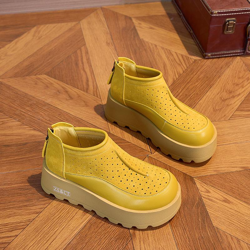 

2025 summer hollowed out new women s breathable leather outer wear thick bottom to increase height and comfort Korean version of the versatile tide 40 жёлтый