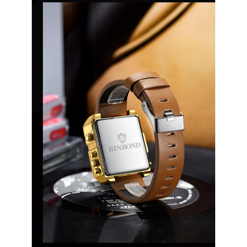 BINBOND Fashion Square Big Dial Wristwatch Three Display Quartz Watch for Men Multifunctional Sports Clock Male Wristwatch