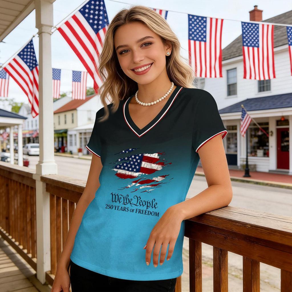 Women Casual V Neck Short Sleeve Pullover T Shirt Gradient American Flag Print Top Independence Day Patriotic Style Summer Tee