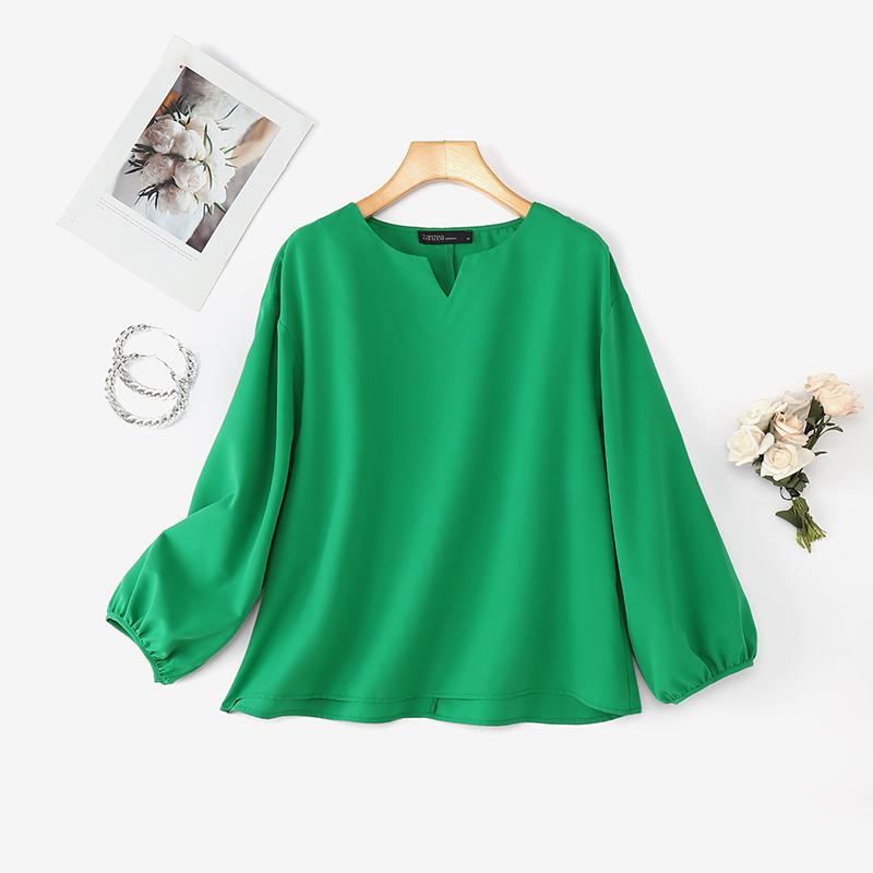 

ZANZEA Женская повседневная блузка с V-образным вырезом, свободного кроя, с длинным рукавом, однотонная 5XL зелёный