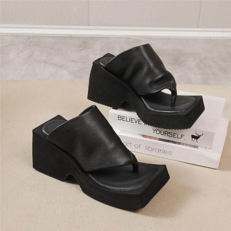 Fashion GKTINOO 2025 Summer New Flip Flops Slippers Fashion Genuine Leather Thick Bottom High Heels Women's Wedges Shoes