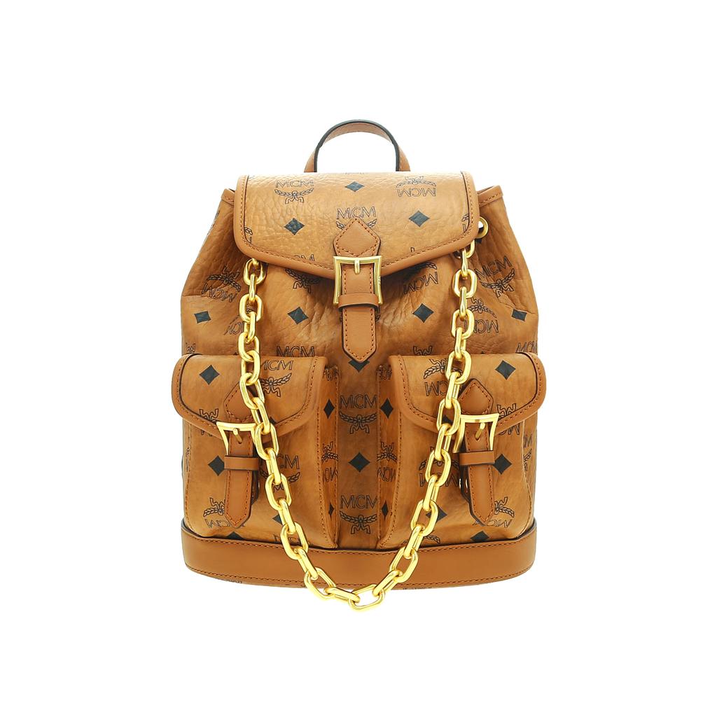 Mcm Aren Gold-Toned Brass Hardware Synthetic Leather And Cowhide Patchwork Double Shoulder Bag Mini Female Style Brown