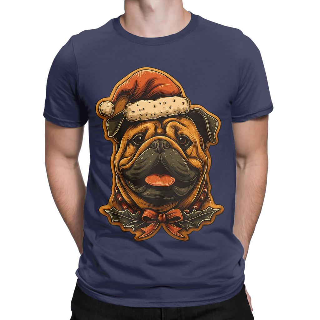 Streetwear T Shirt Summer Christmas British Bulldog with Santa Hat T-Shirts  Cotton Tshirt for Male Short Sleeve Top Tees