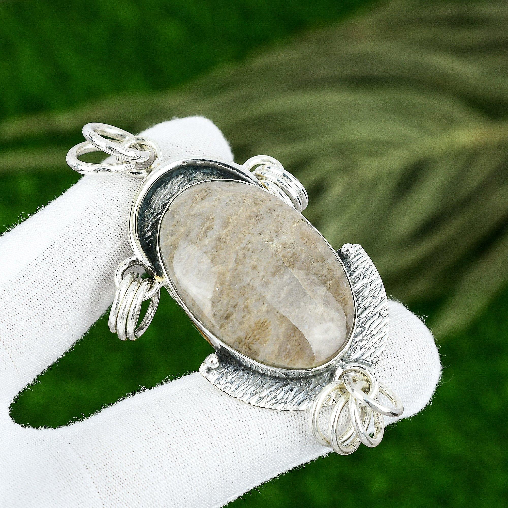 

Натуральный ископаемый коралл, драгоценный камень, кулон, коричневый, стерлинговое серебро 925 пробы, индийские украшения