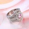 3pcs Round Shape Ring Sets Princess Cut CZ For Women Pave AAA Pink Zircon Stone Wedding Sterling Silver Plata