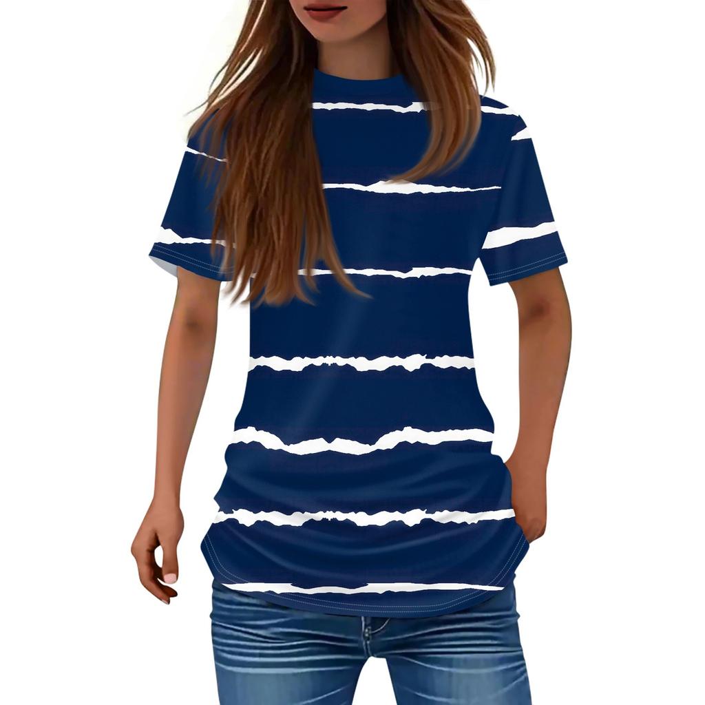 Camisetas femininas moda casual tops gola redonda manga curta estampado túnica