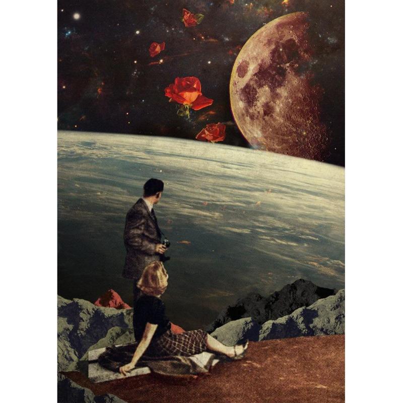 

Vinatge space collage night sky posters canvas painting galaxy moon surrealism wall picture for living room decoration at home 21*30cm No Frame