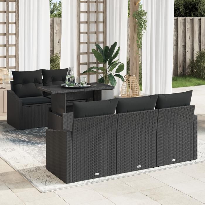 VidaXL Ensemble de canapé de jardin de 6 pièces avec coussins en poly rotin noir 3357656