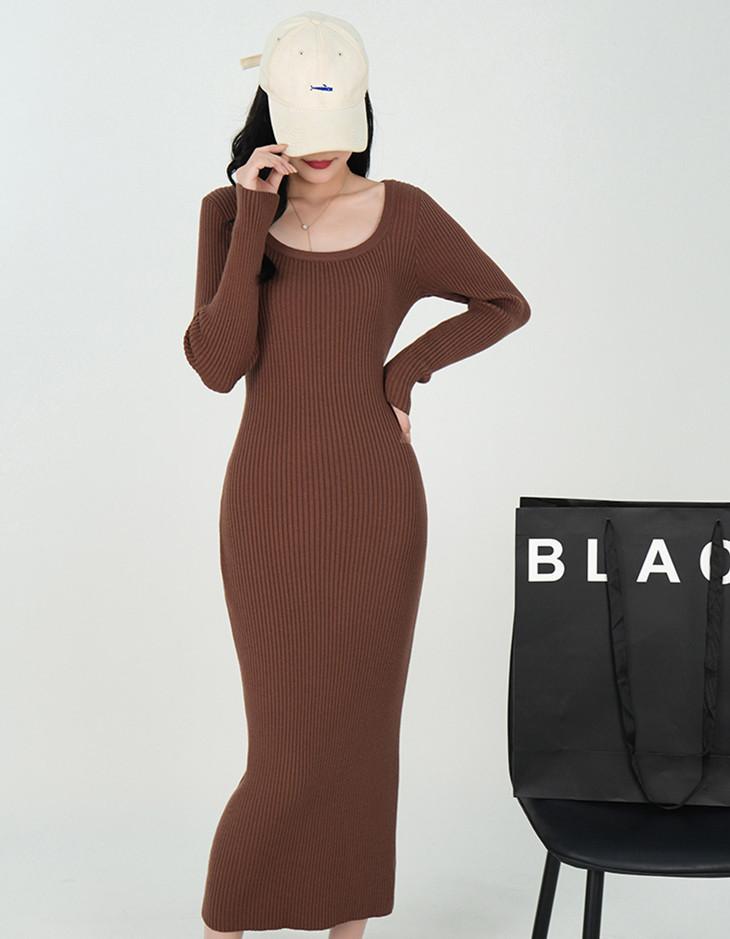 Temperament Elegant Style Knitted Dress Autumn and Winter U-neck Long-sleeved Slim-fitting Long Knee-bottom Sweater Skirt Women