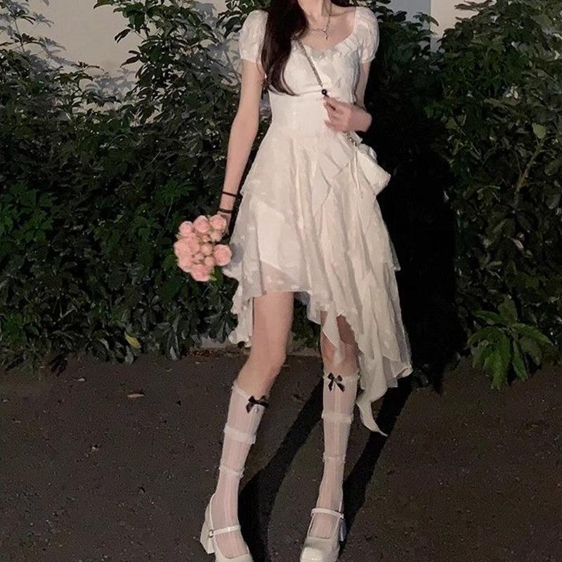 Women’s Summer French Style Irregular White Princess Birthday Dress in Petite Fit