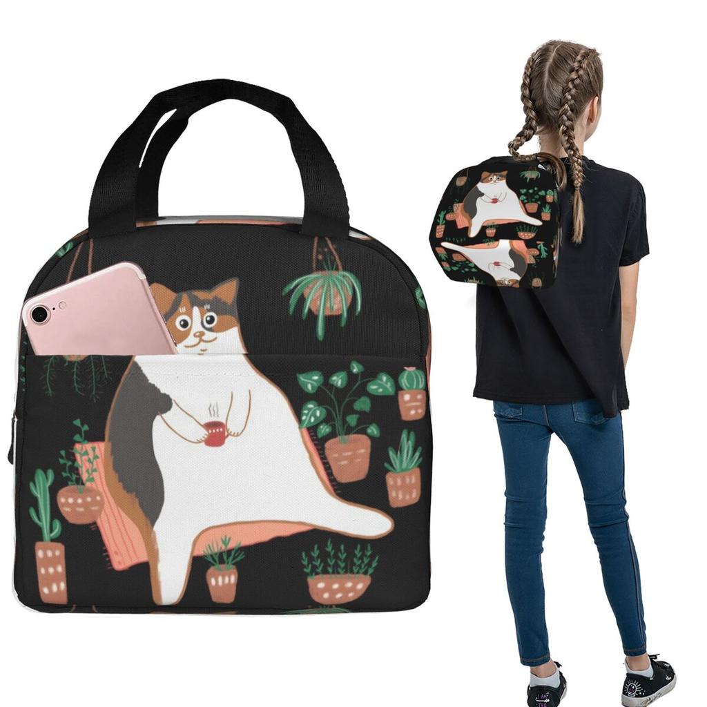 Calico Cat With Pot Plants Cat For Mom Insulated Lunch Bag for Women Kids Leakproof Food Boxes Thermal Lunch Box Tote