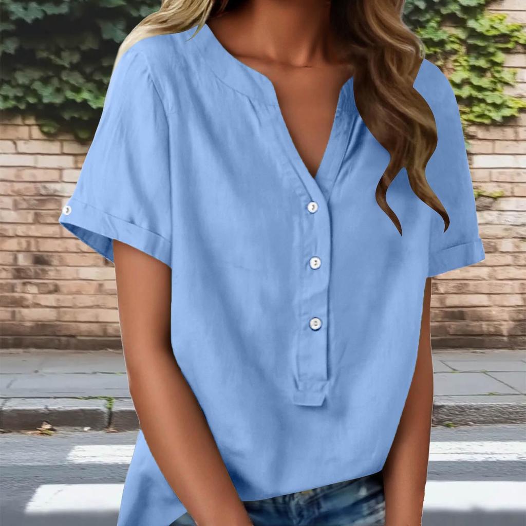 Fashionable Women's Linen V-neck Button Up Half Open Design, Fashionable Short Sleeved Shirt Color Top