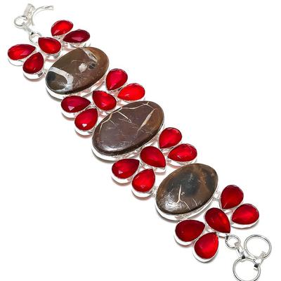 Natürliches Schlammriss-Fossil, Granat-Edelstein, 925er Sterling-Silber-Armband, 17,8–20,3 cm, G0J62