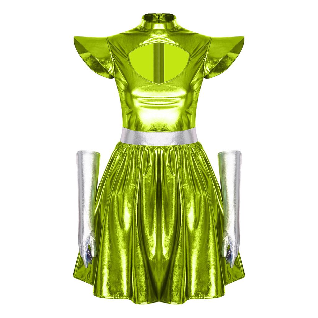 Costume da Donna a Tema Astronauta Alieni Vestito Metallico Lucido Spalline Strutturate Scollatura a Taglio Vestito da Festa a Linea ad A