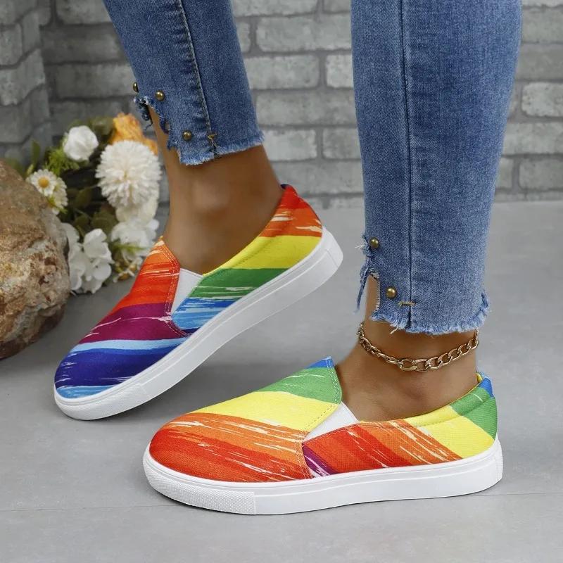 Fashion Spring/autumn New Canvas Flat Shoes for Women Graffiti Printing Slip-on Lot-Top Sneakers Casual Ladies Vulcanized Shoe