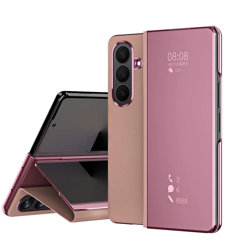 Smart Flip Case for Samsung Galaxy Z Fold 7 8 Fold7  Mirror Plating Plastic PU Leather Kickstand View Shockproof Phone Cover