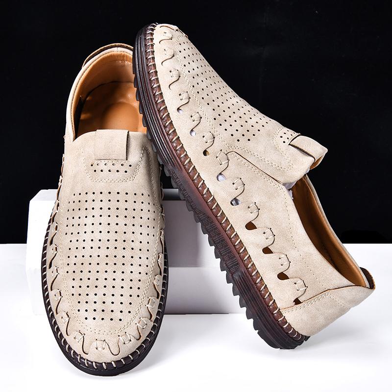 Men's Genuine Leather Casual Shoes Slip On Hollow Shoes Summer Large Size 39-48