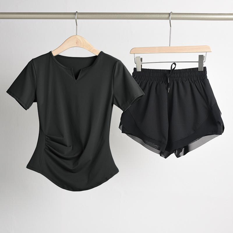 Women's Plus Size Quick-Dry Summer Fitness Set: V-Neck Short Sleeve Top for Running, Pilates, Yoga, and Training