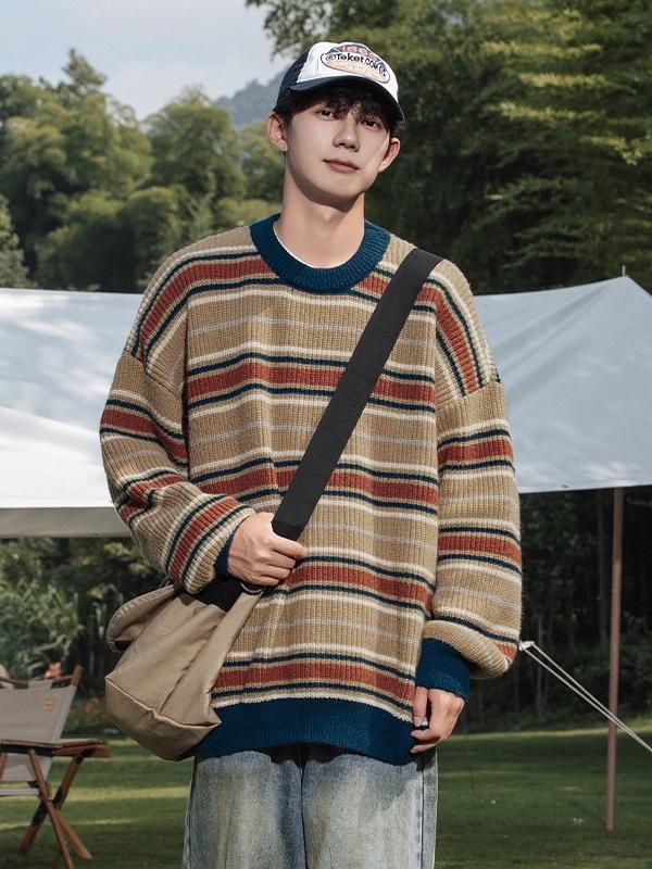 Mountain Style Retro Colorblock Stripe Sweater - Trendy American Knitwear for Couples (Autumn/Winter)