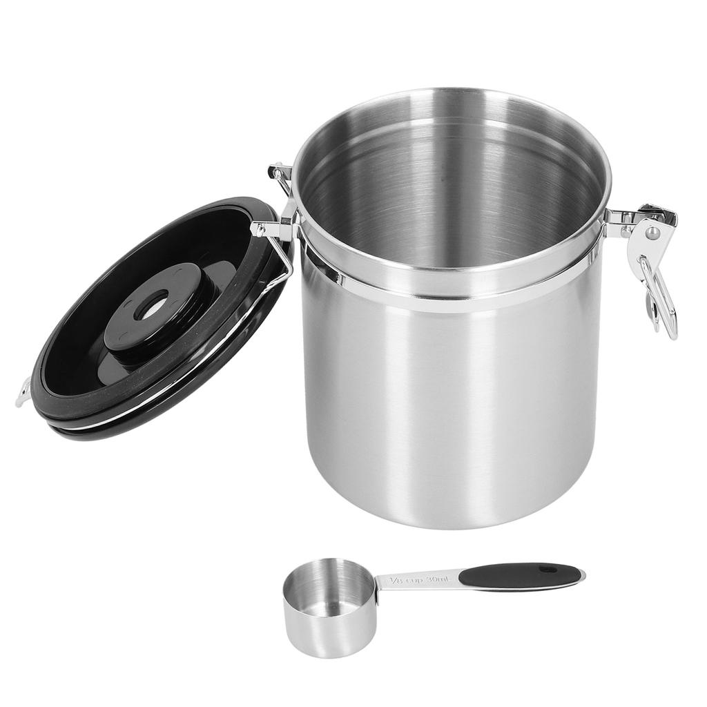 1,5L 304 Edelstahl Kaffeebohnen Tee Vorratsdose Versiegelter Lebensmittelaufbewahrungsbehälter mit LöffelEdelstahlfarbe