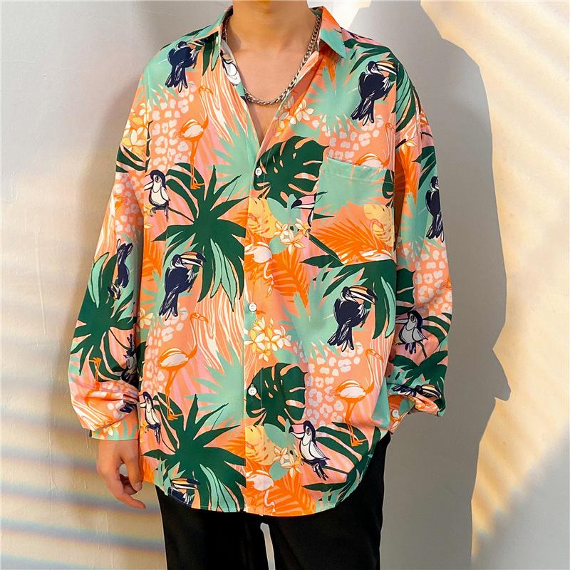 Unisex Thai Vintage Floral Long-Sleeve Shirt, Loose Fit for Street Dance, Spring/Autumn