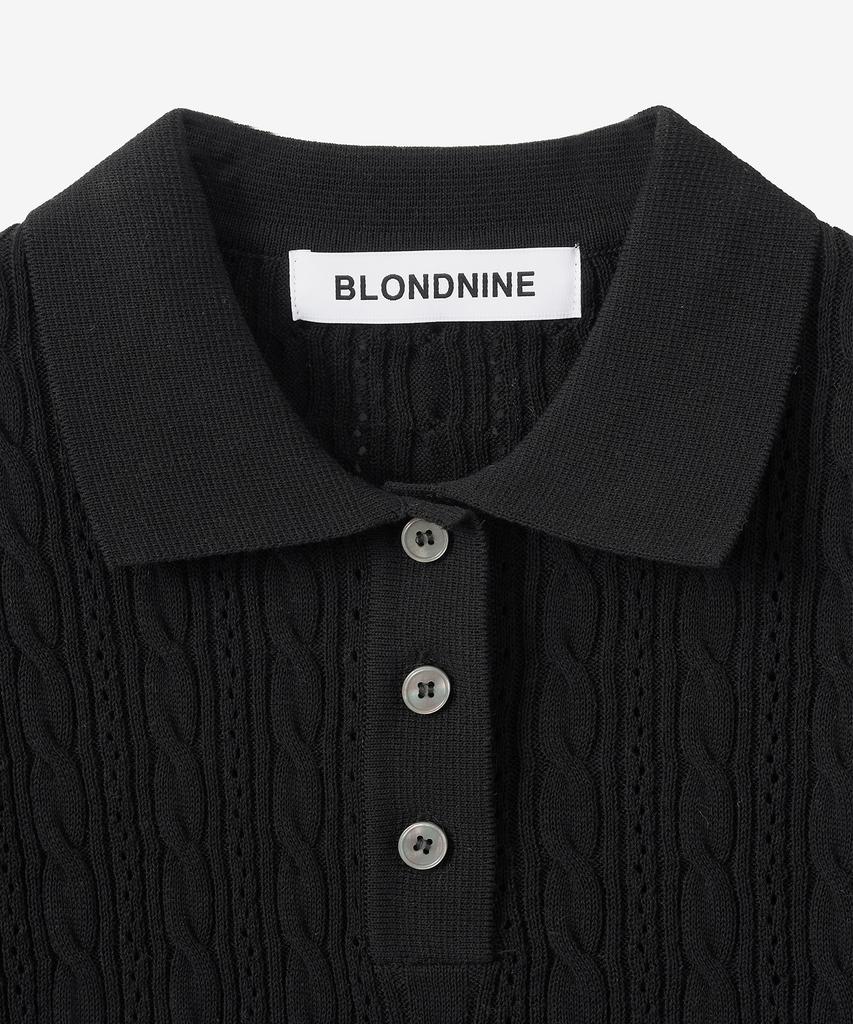 BLOND9 Crop Cable Punch Short Sleeve Collared Knit_Black